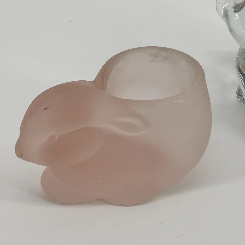 2 Vintage Indiana Glass Bunny Rabbit Votive‎ Candle Holder Pink Satin & Clear